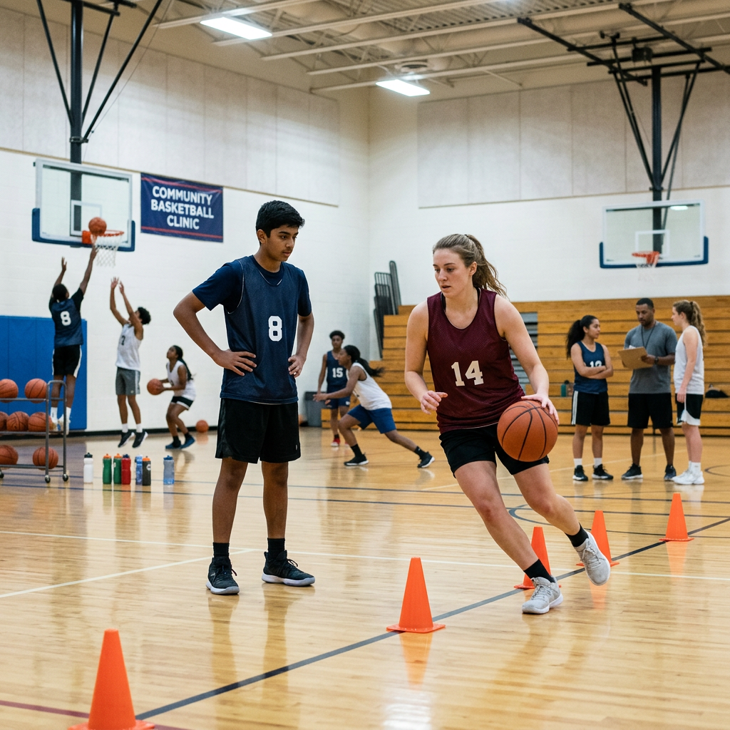 Community basketball clinic with agility cones and coach